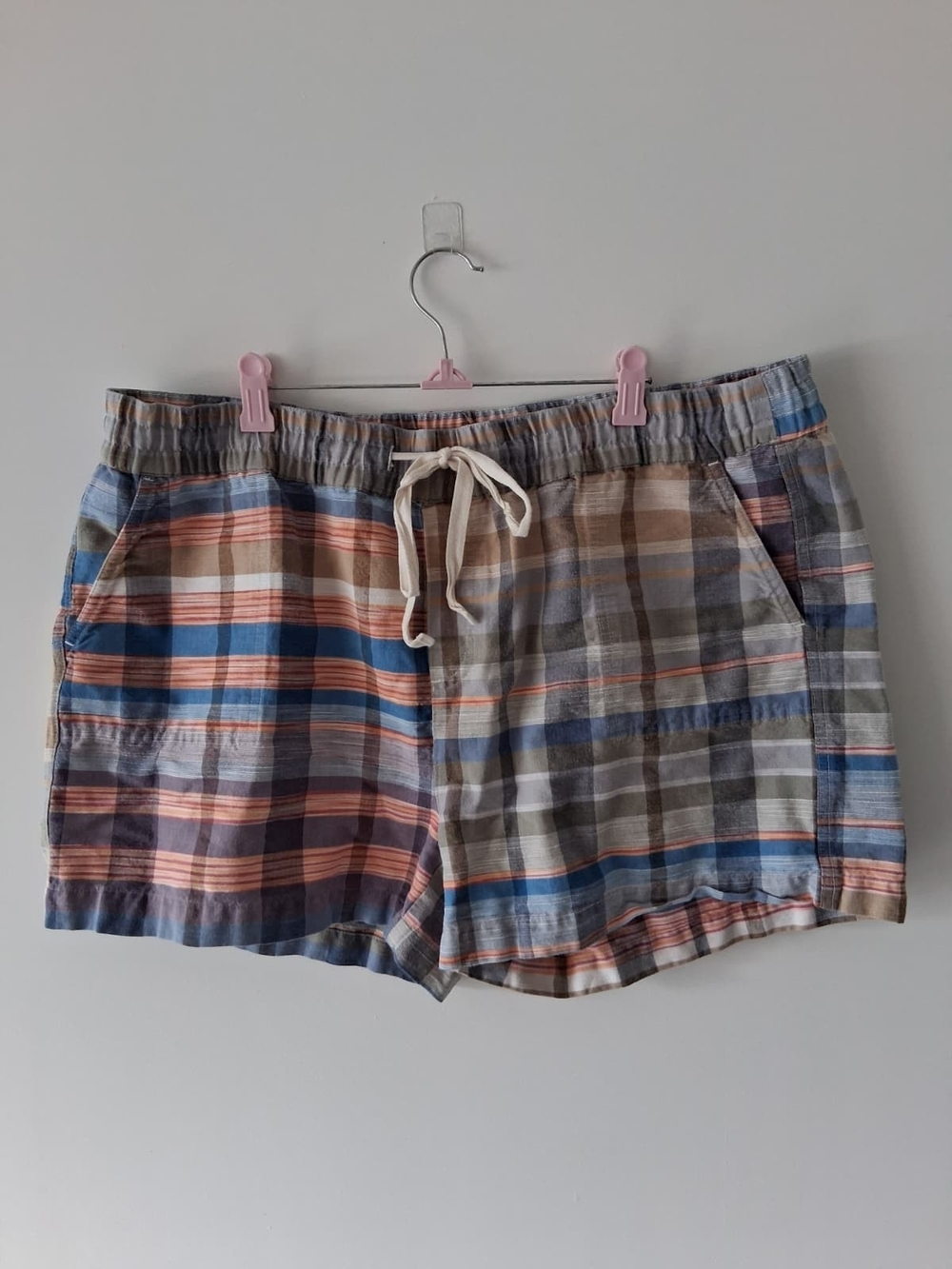 Caslon Plaid Shorts Women XL Blue Multi Drawstring Pockets Boho Resortwear Loung
